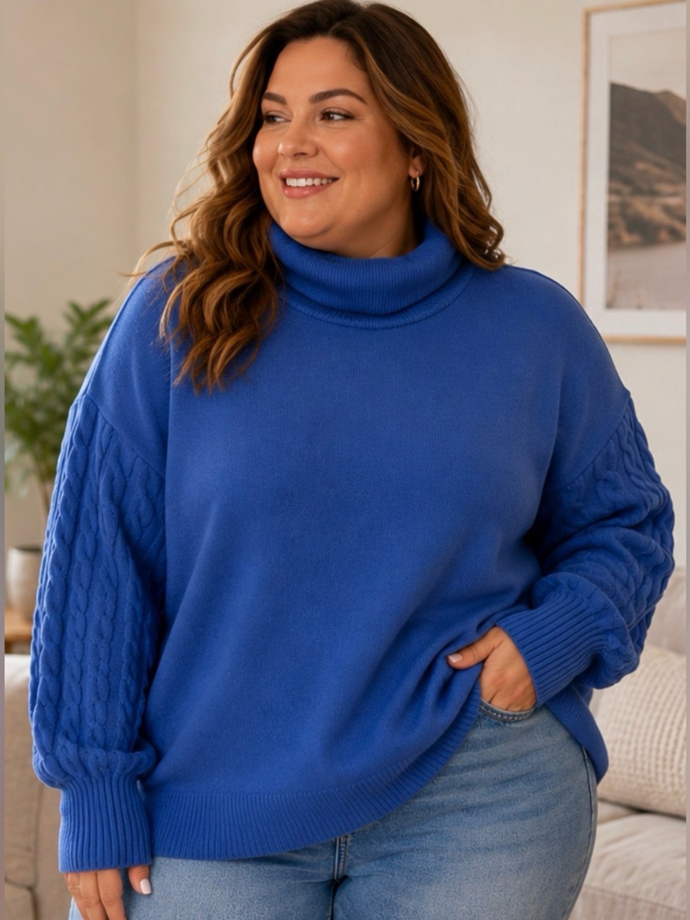 Royal blue cowl-neck sweater with cable-knit sleeves. Size 2x